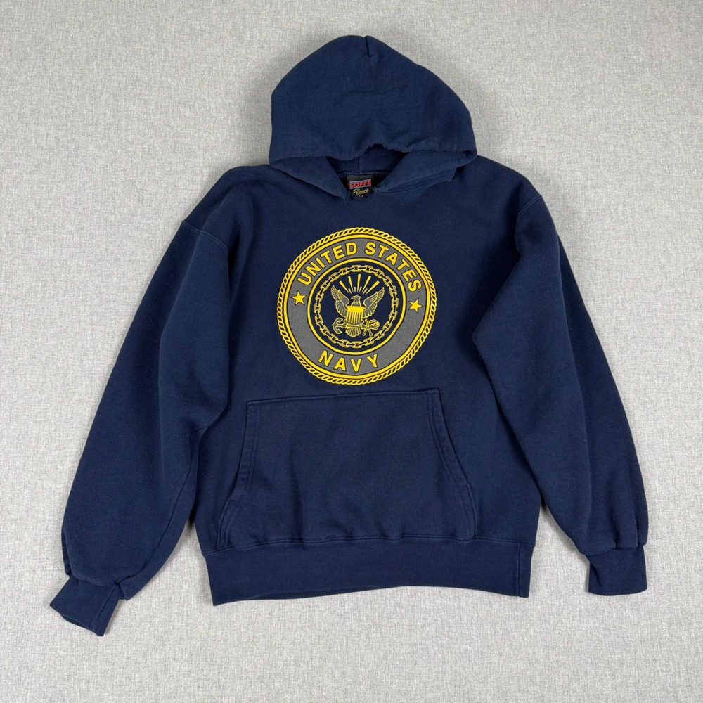 Vintage Soffe Fleece US Navy Hoodie Navy Blue Size Medium Made in USA Distressed